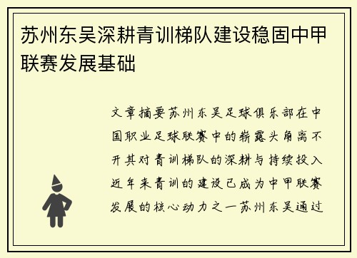 苏州东吴深耕青训梯队建设稳固中甲联赛发展基础